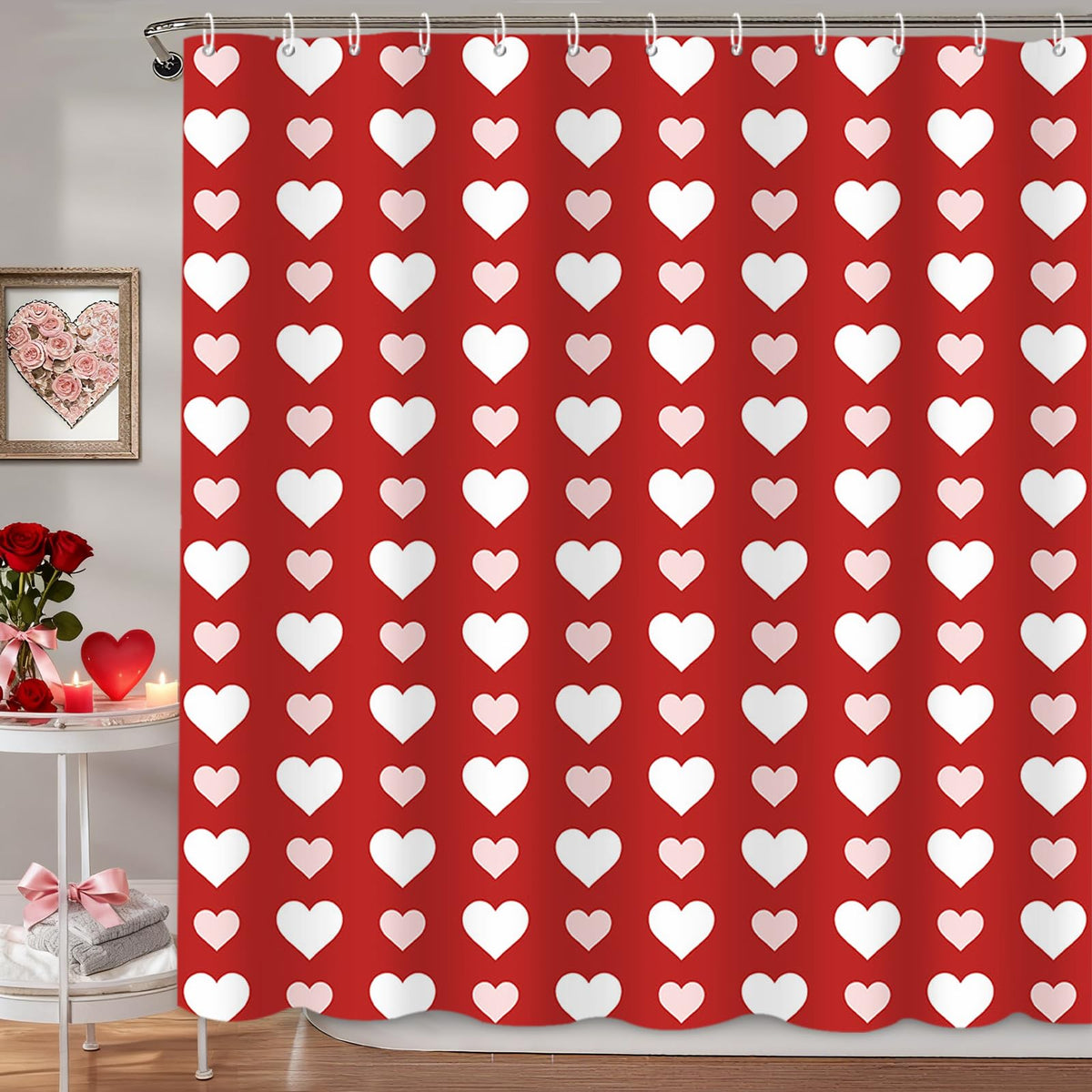 Valentines Shower Curtain,70.8"Red Pink and White Little Hearts Shower Curtain for Valentine's Day