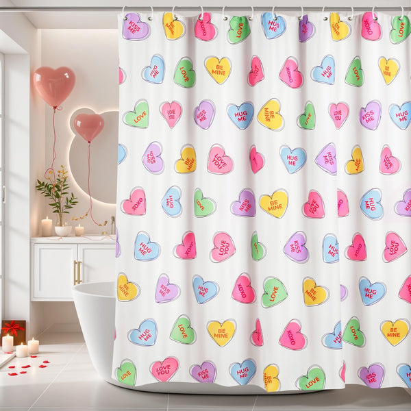 Valentines Shower Curtain, 70.8"Valentines Day Decor Hand-Painted Candy Heart Shape Colorful Shower Curtain