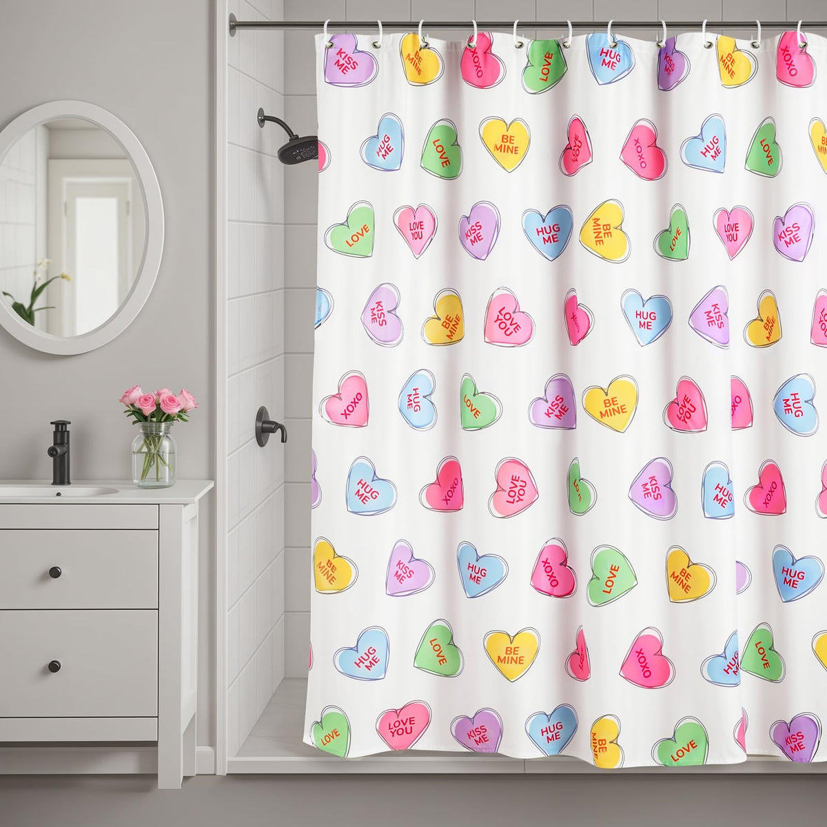 Valentines Shower Curtain, 70.8"Valentines Day Decor Hand-Painted Candy Heart Shape Colorful Shower Curtain