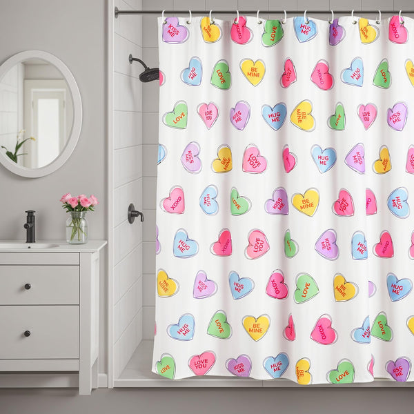 Valentines Shower Curtain, 70.8"Valentines Day Decor Hand-Painted Candy Heart Shape Colorful Shower Curtain