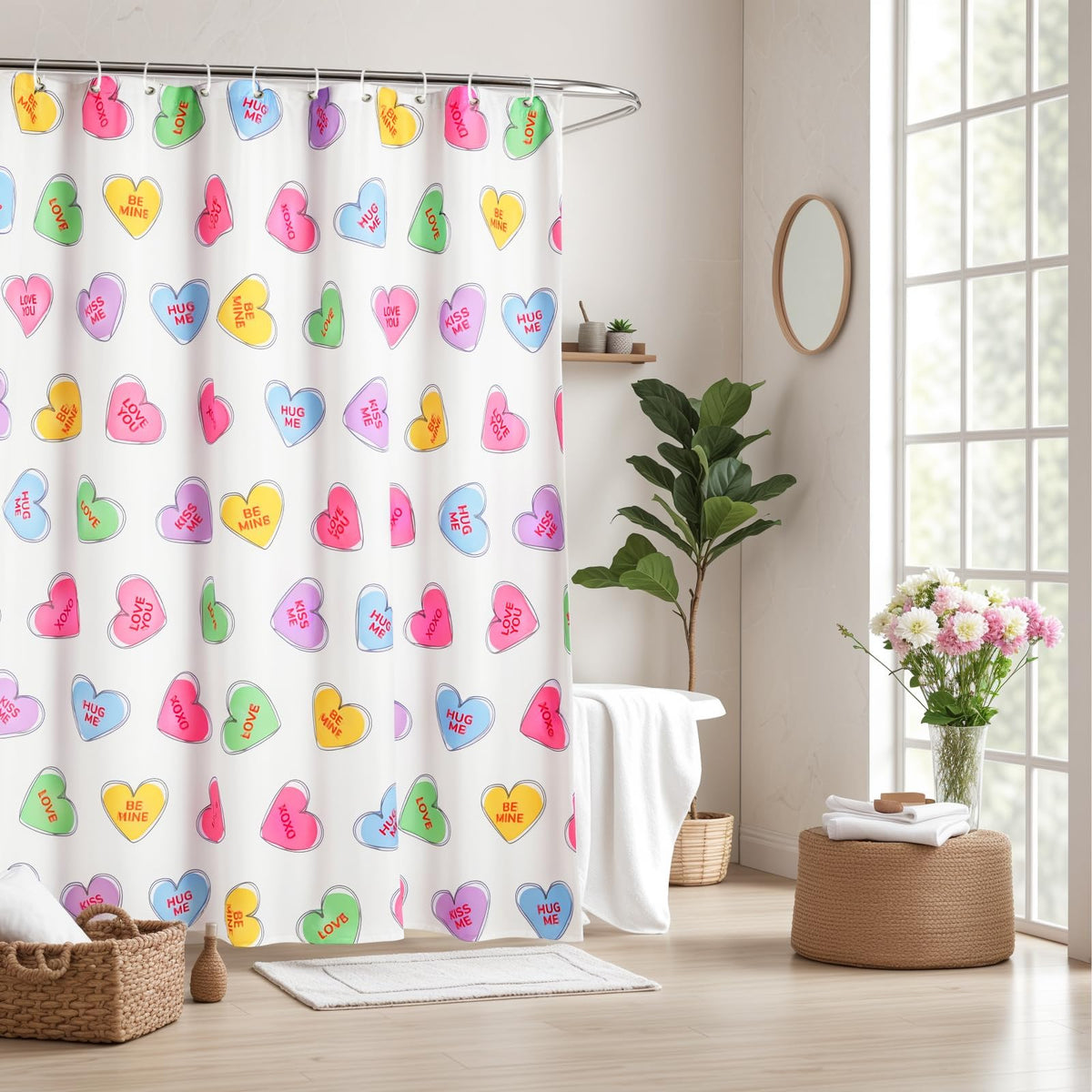 Valentines Shower Curtain, 70.8"Valentines Day Decor Hand-Painted Candy Heart Shape Colorful Shower Curtain