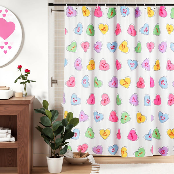 Valentines Shower Curtain, 70.8"Valentines Day Decor Hand-Painted Candy Heart Shape Colorful Shower Curtain