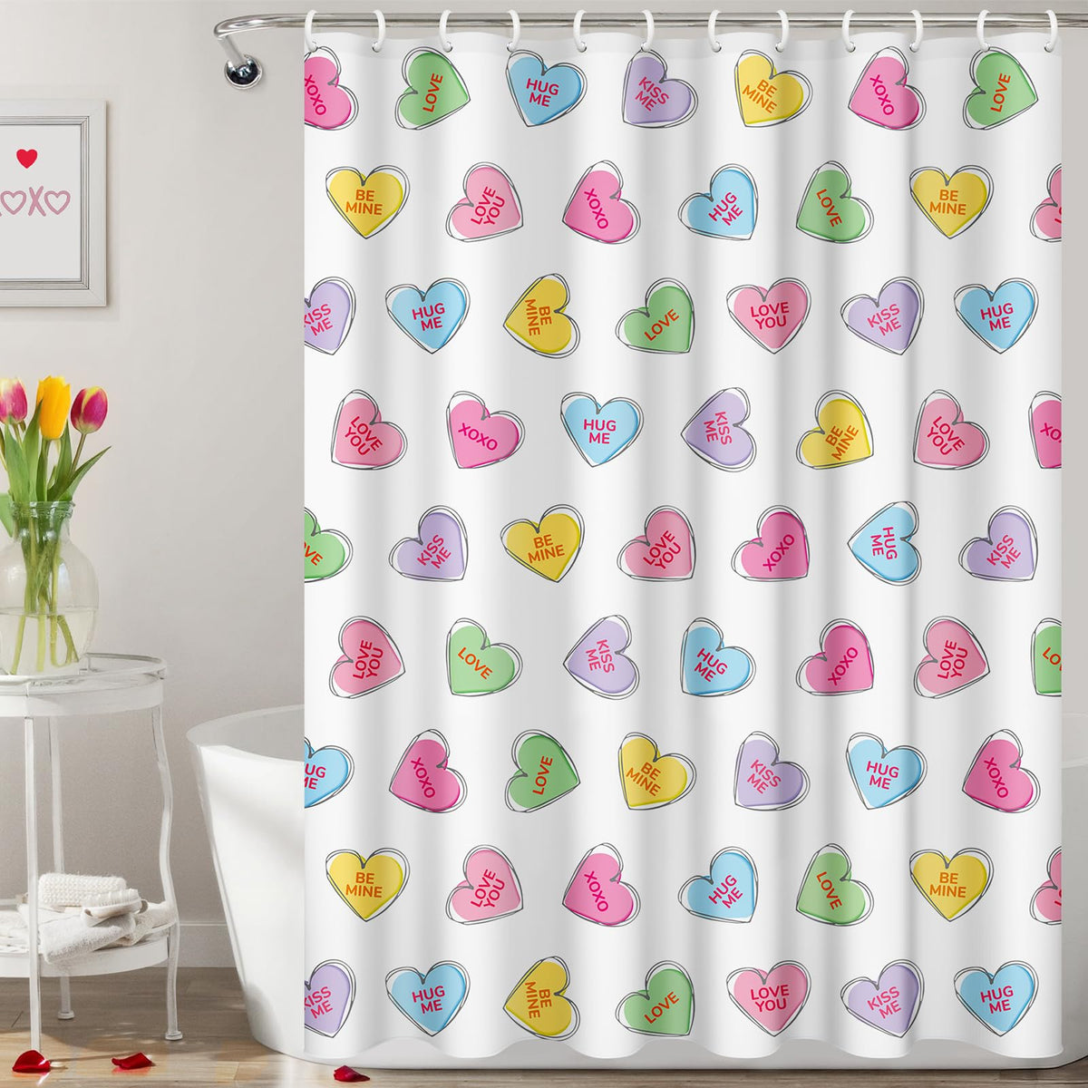 Valentines Shower Curtain, 70.8"Valentines Day Decor Hand-Painted Candy Heart Shape Colorful Shower Curtain