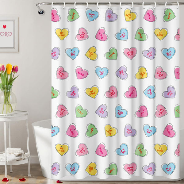 Valentines Shower Curtain, 70.8"Valentines Day Decor Hand-Painted Candy Heart Shape Colorful Shower Curtain