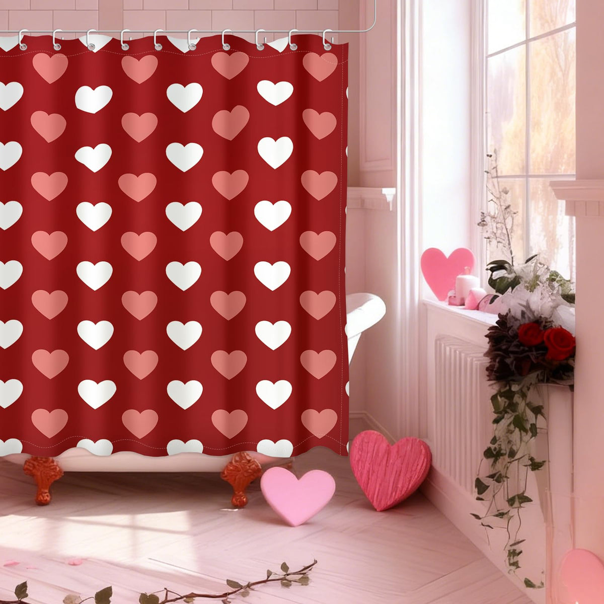 Valentines Shower Curtain, Valentines Day Decor Red Heart Bathroom Curtain Set 70.8"x70.8"