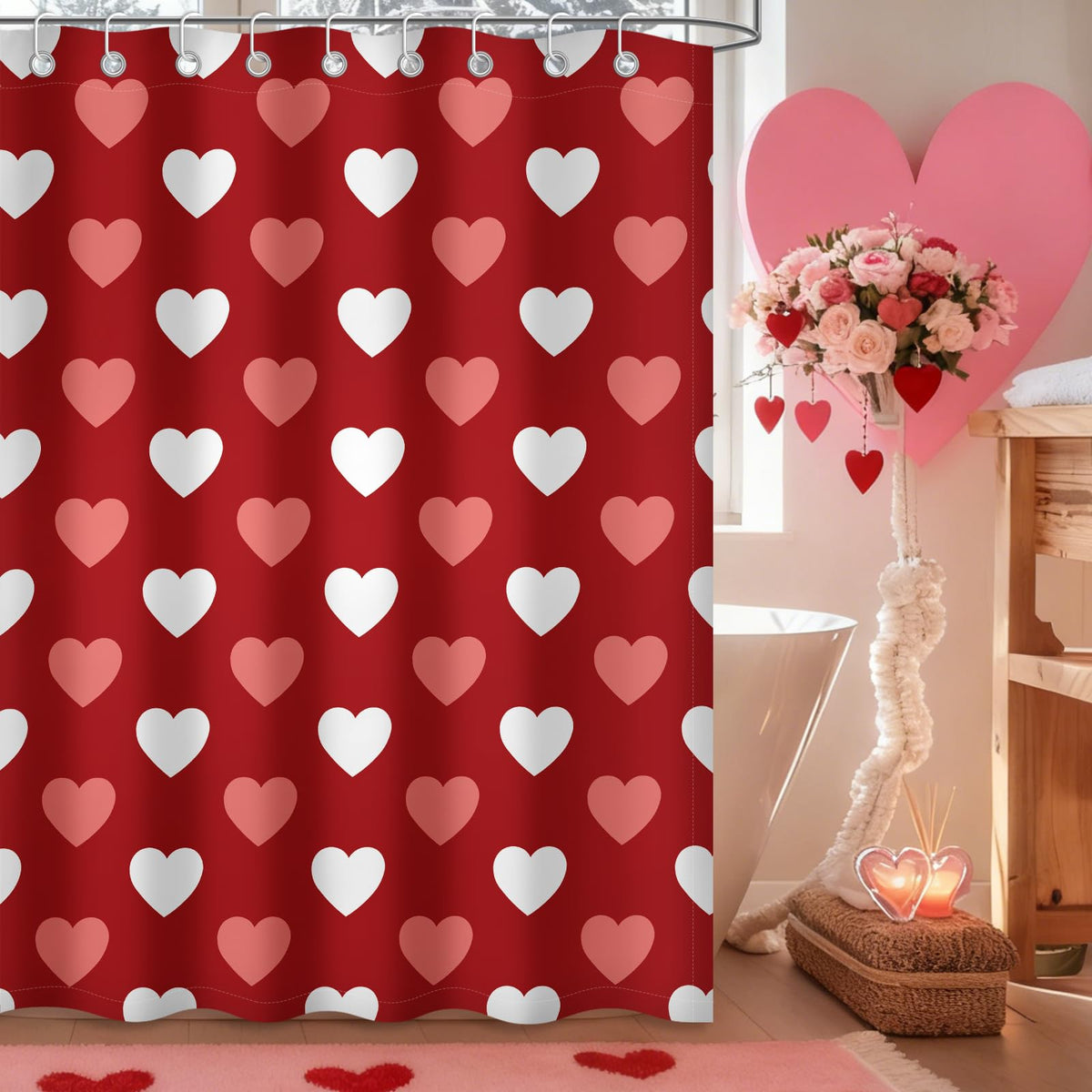 Valentines Shower Curtain, Valentines Day Decor Red Heart Bathroom Curtain Set 70.8"x70.8"