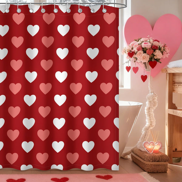 Valentines Shower Curtain, Valentines Day Decor Red Heart Bathroom Curtain Set 70.8"x70.8"