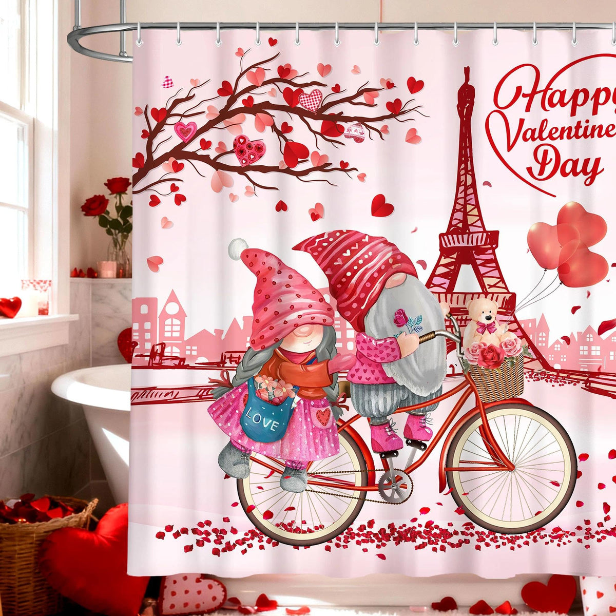 Valentines Shower Curtain, Valentines Day Shower Curtain, 70.8"Valentine Day Decorations Gnomes Love