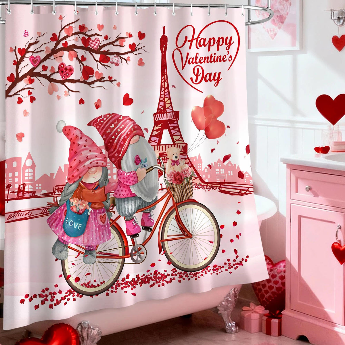 Valentines Shower Curtain, Valentines Day Shower Curtain, 70.8"Valentine Day Decorations Gnomes Love