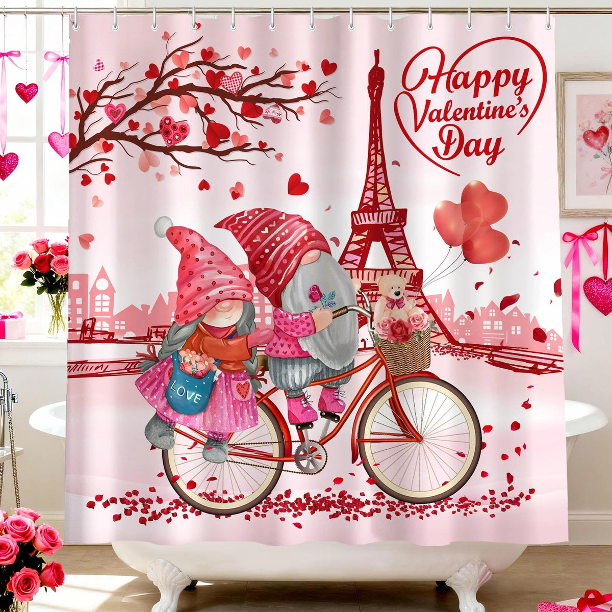 Valentines Shower Curtain, Valentines Day Shower Curtain, 70.8"Valentine Day Decorations Gnomes Love
