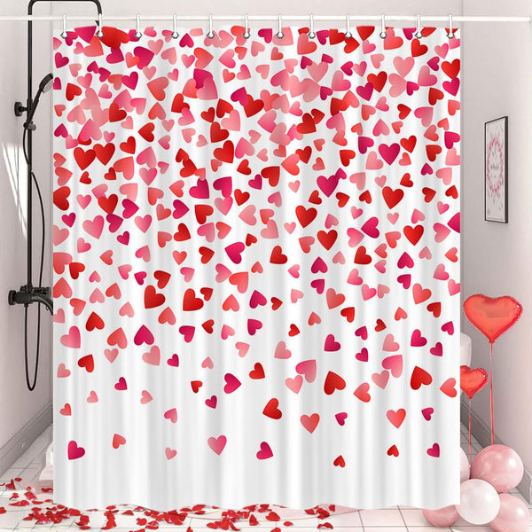 Valentines Shower Curtain, 70.8"Valentines Falling Red Hearts Watercolor Falling Red Heart Waterproof  Polyester