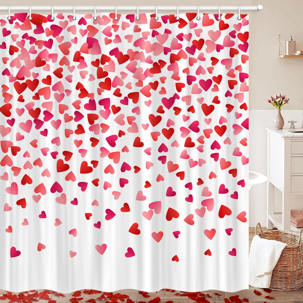 Valentines Shower Curtain, 70.8"Valentines Falling Red Hearts Watercolor Falling Red Heart Waterproof  Polyester