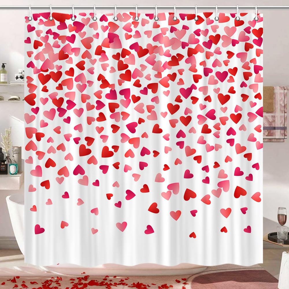 Valentines Shower Curtain, 70.8"Valentines Falling Red Hearts Watercolor Falling Red Heart Waterproof  Polyester