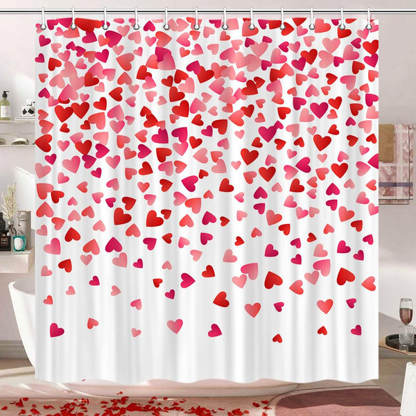 Valentines Shower Curtain, 70.8"Valentines Falling Red Hearts Watercolor Falling Red Heart Waterproof  Polyester