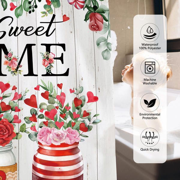 Valentines Shower Curtain,70.8"Valentines Green Eucalyptus Red Pink Floral Love Hearts Shower Curtain