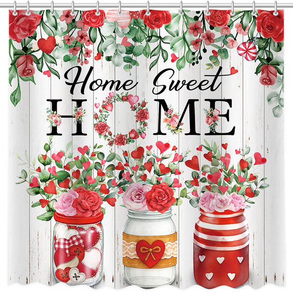 Valentines Shower Curtain,70.8"Valentines Green Eucalyptus Red Pink Floral Love Hearts Shower Curtain