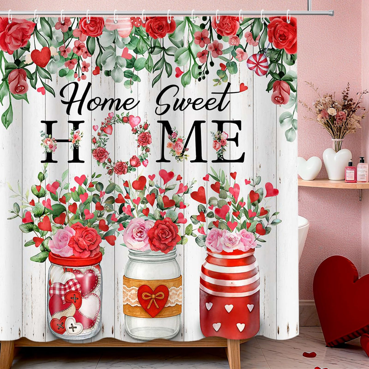 Valentines Shower Curtain,70.8"Valentines Green Eucalyptus Red Pink Floral Love Hearts Shower Curtain
