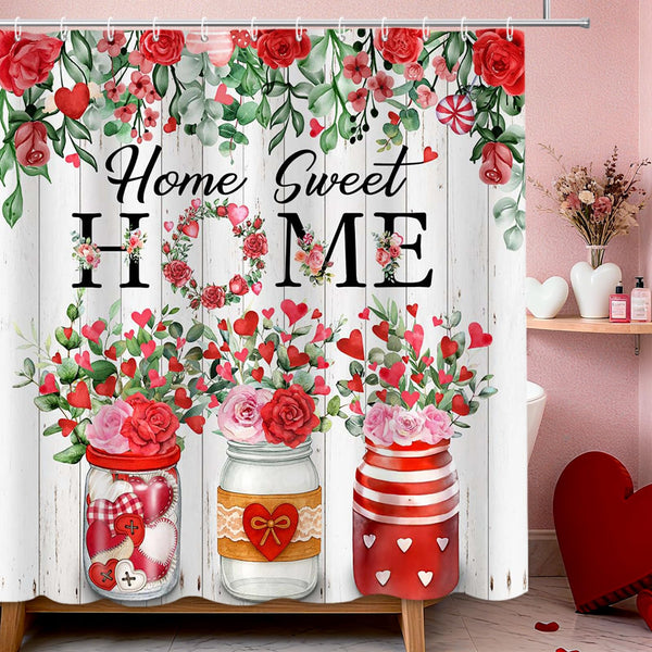 Valentines Shower Curtain,70.8"Valentines Green Eucalyptus Red Pink Floral Love Hearts Shower Curtain