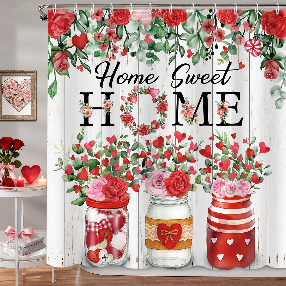 Valentines Shower Curtain,70.8"Valentines Green Eucalyptus Red Pink Floral Love Hearts Shower Curtain
