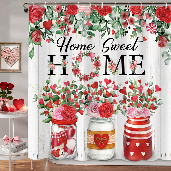 Valentines Shower Curtain,70.8"Valentines Green Eucalyptus Red Pink Floral Love Hearts Shower Curtain