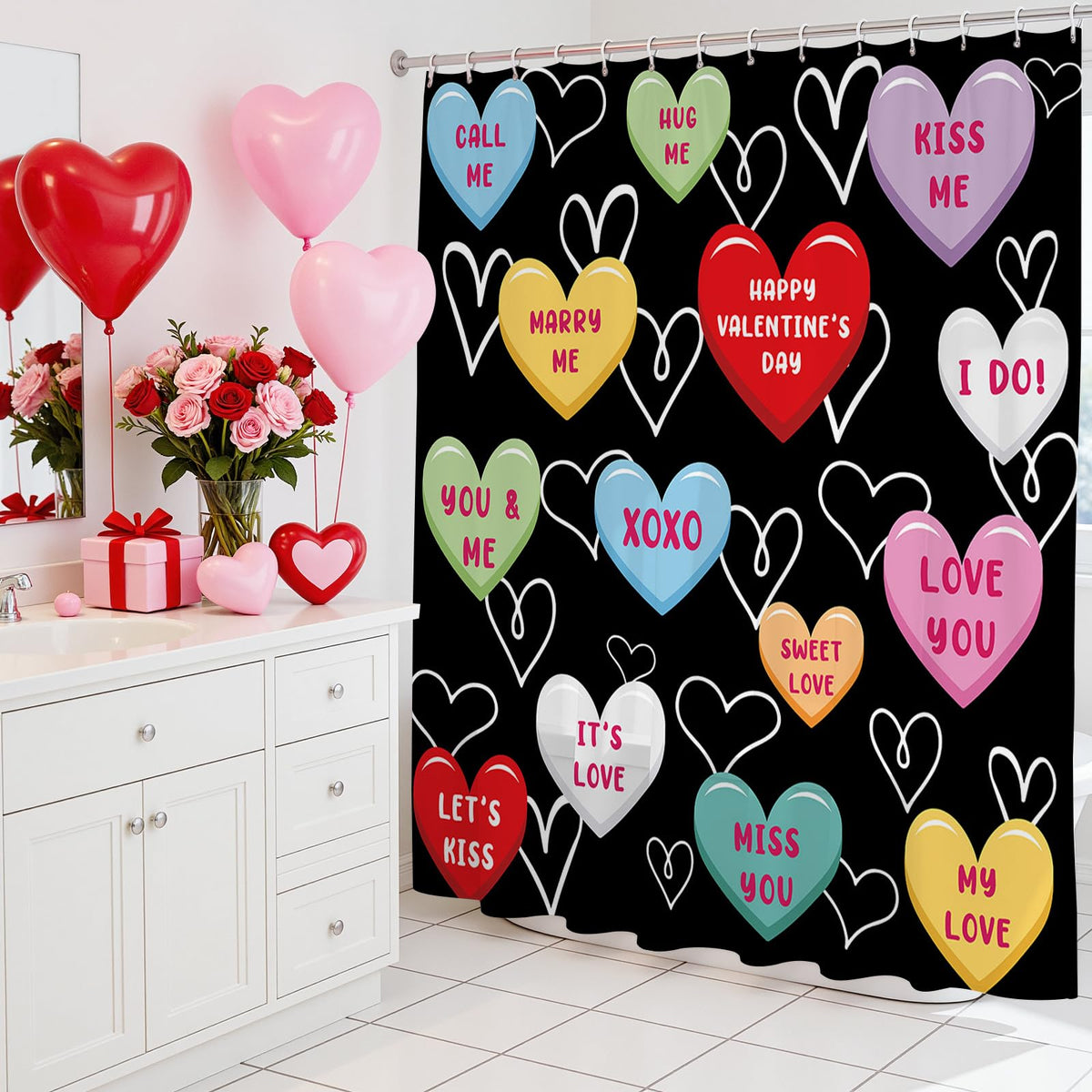 70.8"Valentines Shower Curtain for Bathroom - Sweet Heart Valentine's Day Decor Pink Heart Shower Curtain