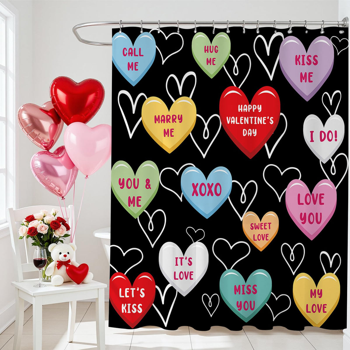 70.8"Valentines Shower Curtain for Bathroom - Sweet Heart Valentine's Day Decor Pink Heart Shower Curtain