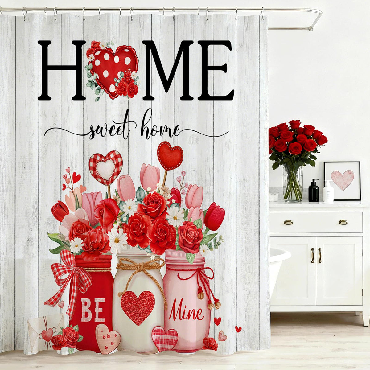70.8"Valentines Shower Curtain for Bathroom Sweet Home Valentines Day Decorations Heart Floral Romantic