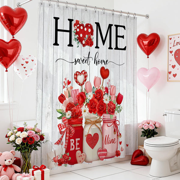 70.8"Valentines Shower Curtain for Bathroom Sweet Home Valentines Day Decorations Heart Floral Romantic