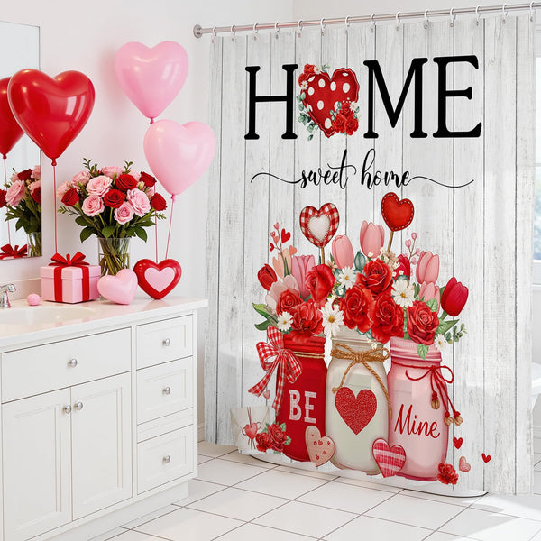 70.8"Valentines Shower Curtain for Bathroom Sweet Home Valentines Day Decorations Heart Floral Romantic