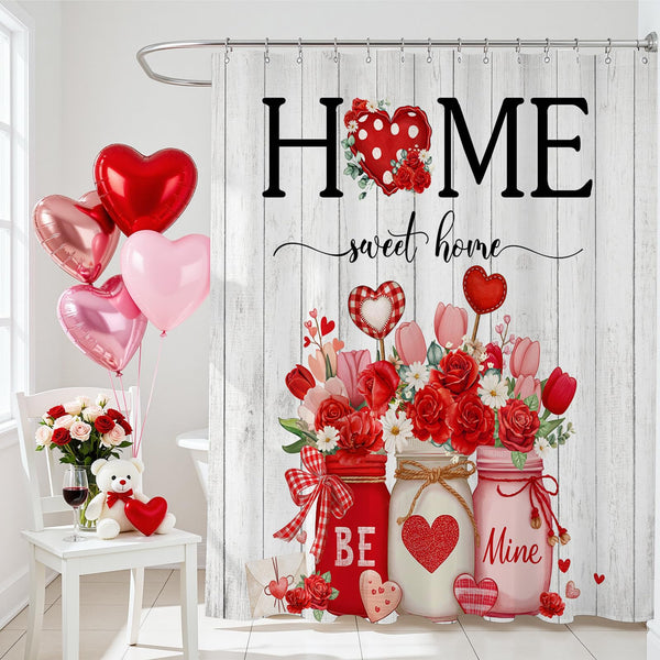 70.8"Valentines Shower Curtain for Bathroom Sweet Home Valentines Day Decorations Heart Floral Romantic