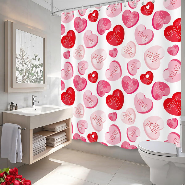 Valentines Shower Curtain for Bathroom, Pink Red Love Heart Romantic Shower Curtain, 70.8"x70.8"