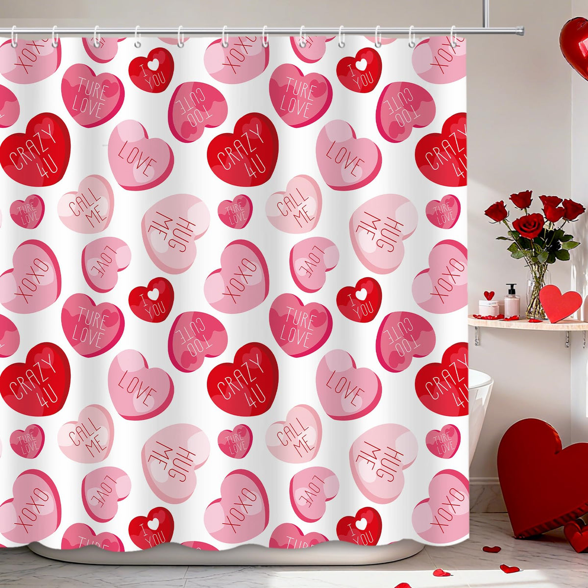 Valentines Shower Curtain for Bathroom, Pink Red Love Heart Romantic Shower Curtain, 70.8"x70.8"