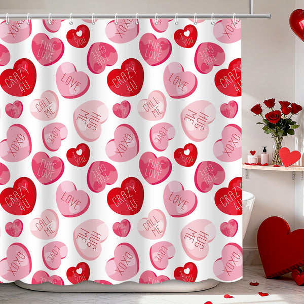 Valentines Shower Curtain for Bathroom, Pink Red Love Heart Romantic Shower Curtain, 70.8"x70.8"