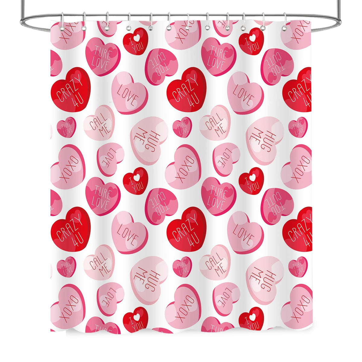 Valentines Shower Curtain for Bathroom, Pink Red Love Heart Romantic Shower Curtain, 70.8"x70.8"