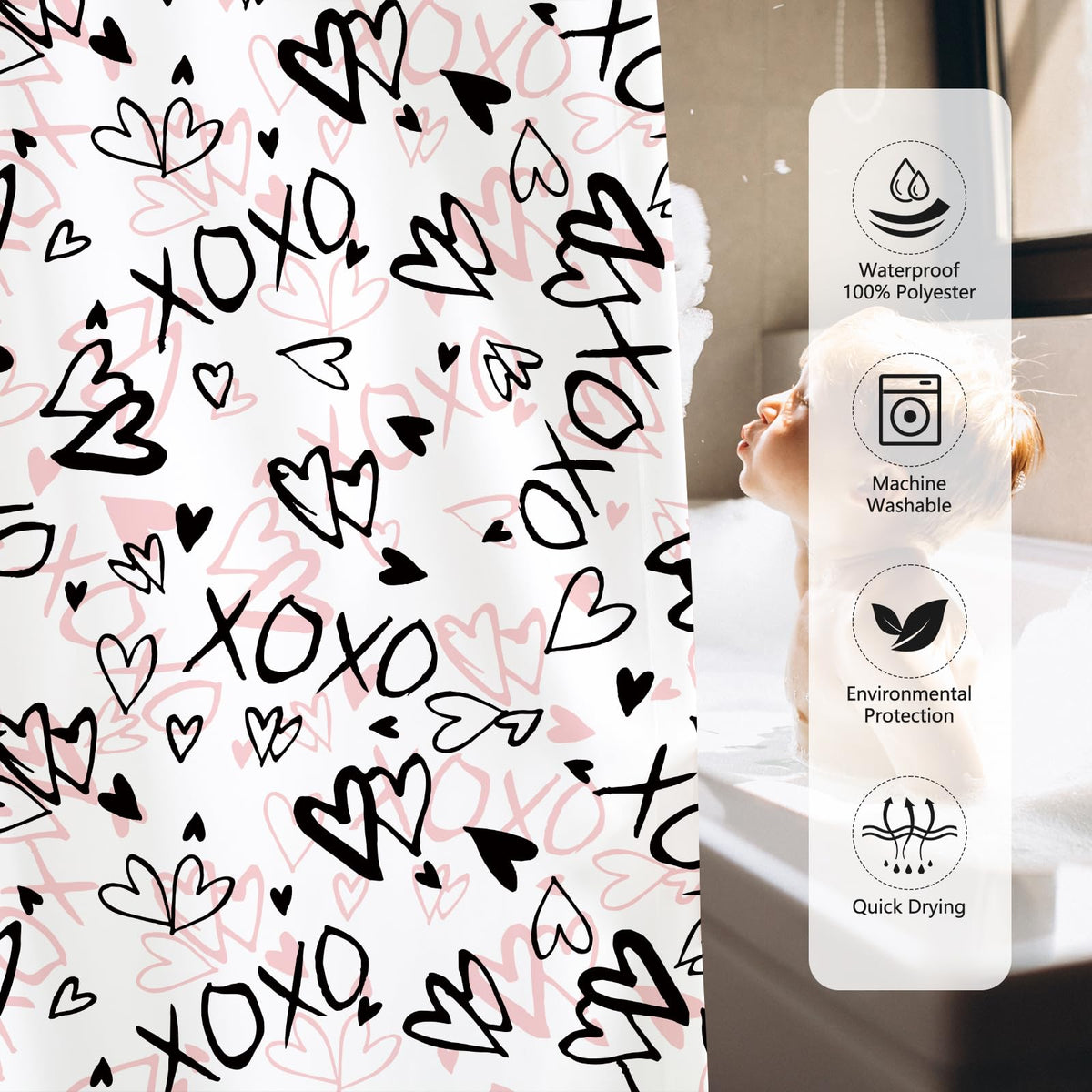 70.8"Valentine's Shower Curtains for Bathroom Love Hearts Shower Curtain XOXO Valentines Curtain Decor