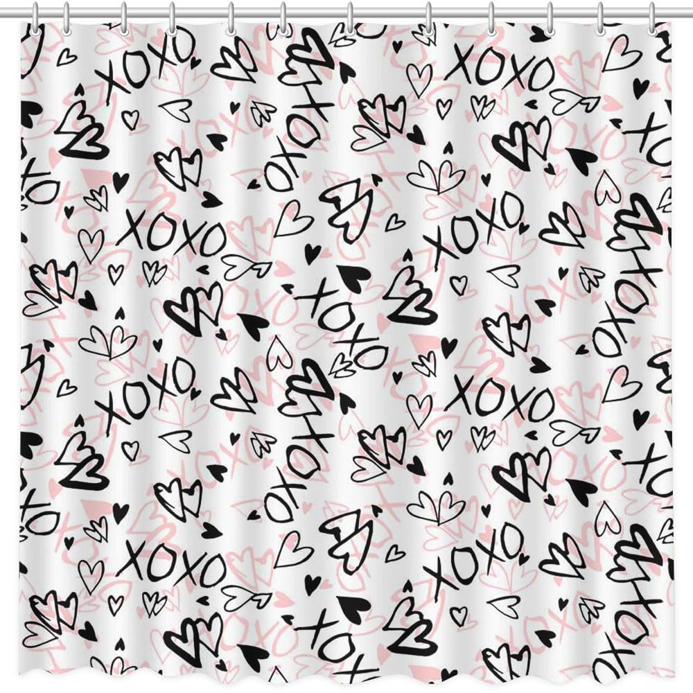 70.8"Valentine's Shower Curtains for Bathroom Love Hearts Shower Curtain XOXO Valentines Curtain Decor