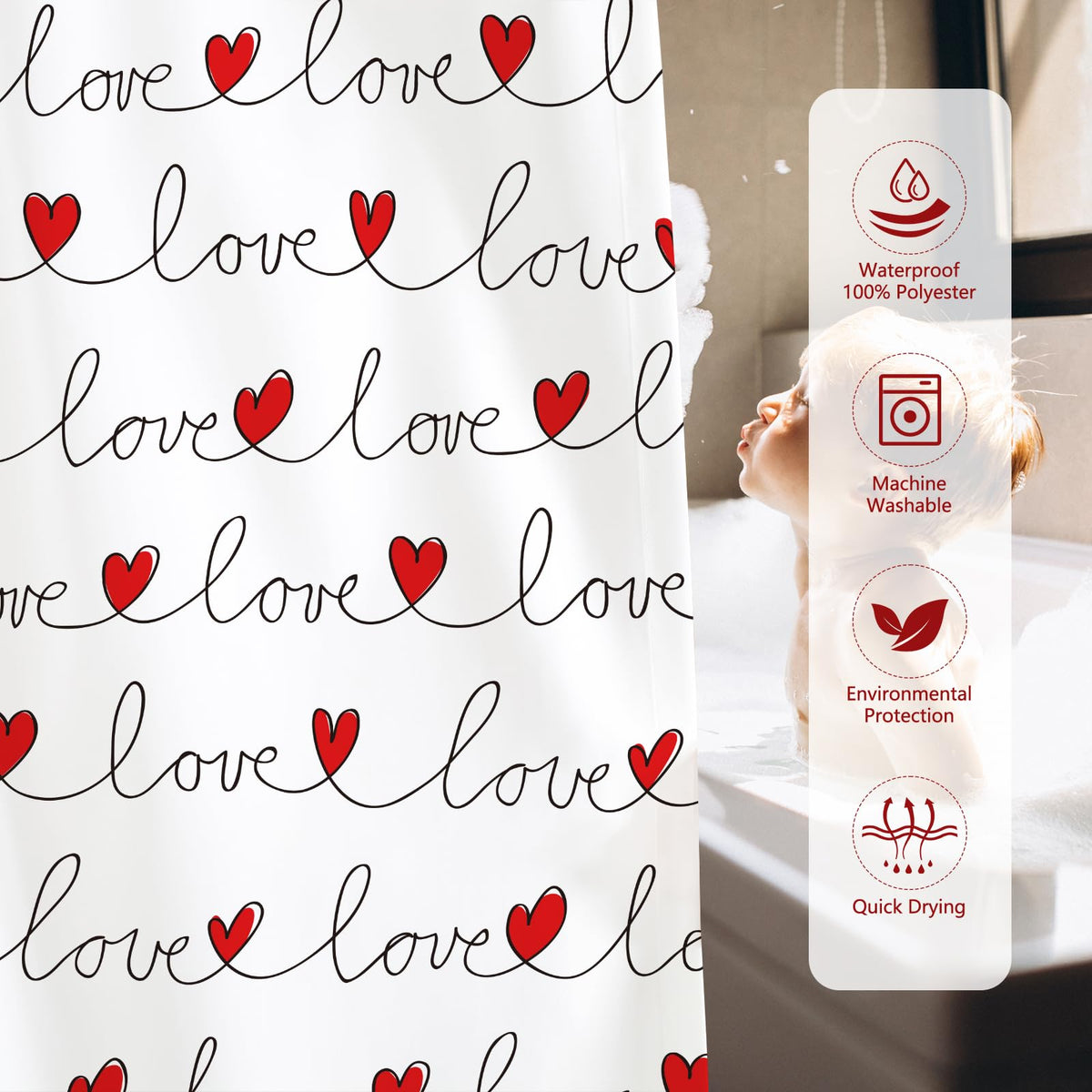 Valentines Shower Curtains for Bathroom Love Shower Curtain 70.8"Valentine's Day Contracted Bathroom Decor