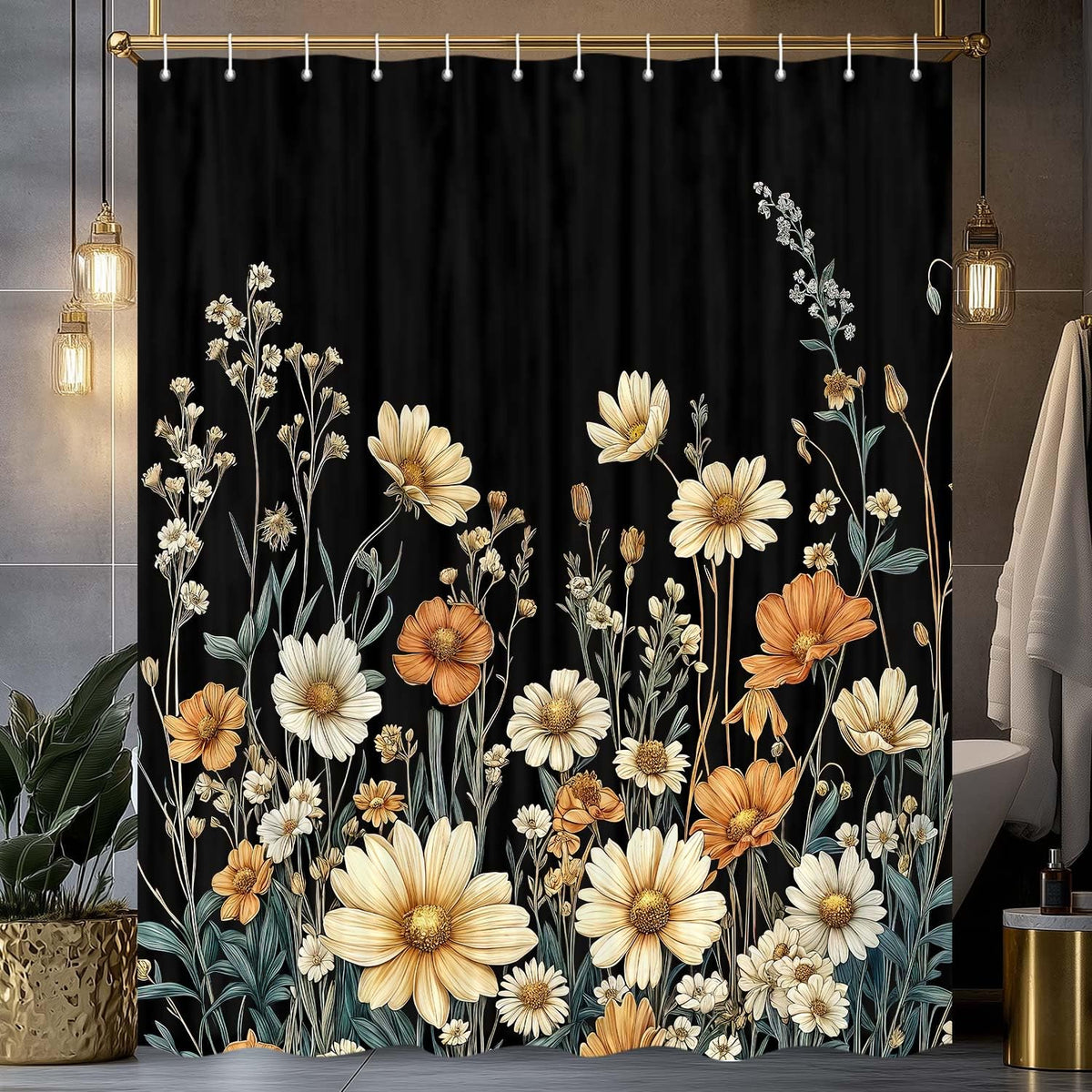 Vintage Boho Floral Shower Curtain, Bohemian Aesthetic Black Wildflower Botanical Rustic Farmhouse 70.8"