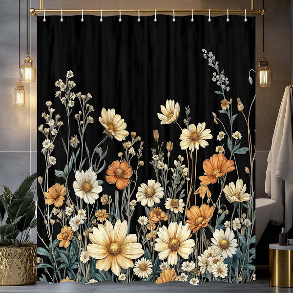 Vintage Boho Floral Shower Curtain, Bohemian Aesthetic Black Wildflower Botanical Rustic Farmhouse 70.8"