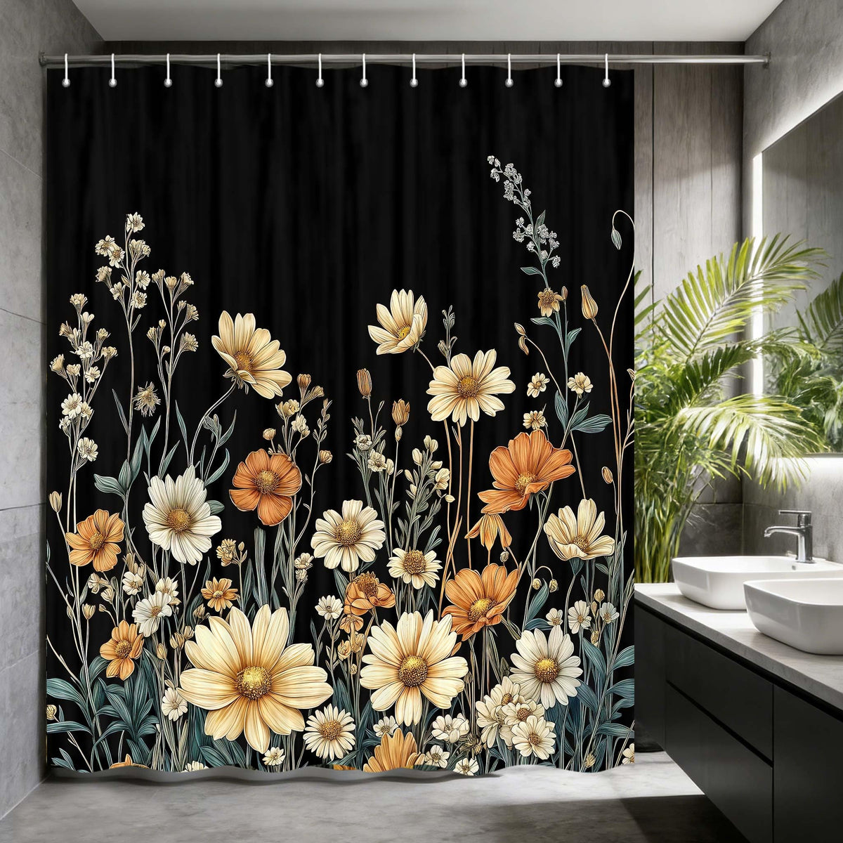 Vintage Boho Floral Shower Curtain, Bohemian Aesthetic Black Wildflower Botanical Rustic Farmhouse 70.8"