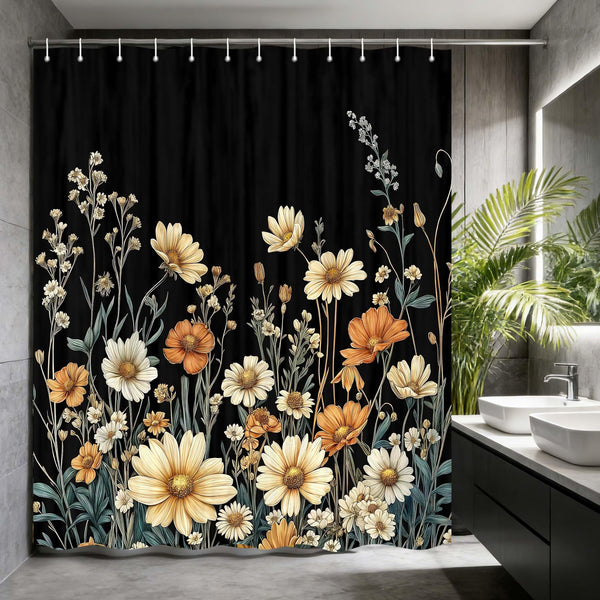 Vintage Boho Floral Shower Curtain, Bohemian Aesthetic Black Wildflower Botanical Rustic Farmhouse 70.8"