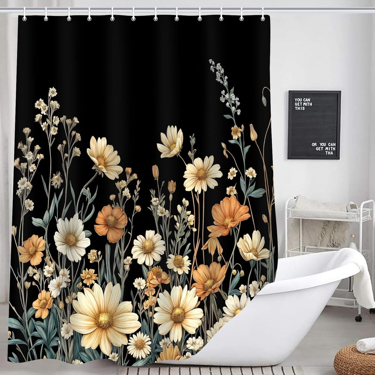 Vintage Boho Floral Shower Curtain, Bohemian Aesthetic Black Wildflower Botanical Rustic Farmhouse 70.8"