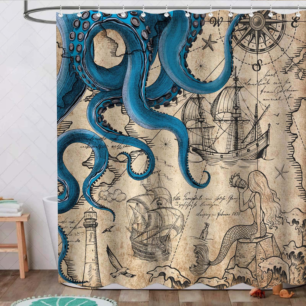 Vintage Nautical Octopus Shower Curtain, Navy Blue Mermaid Funny Ocean Kraken,70.8"