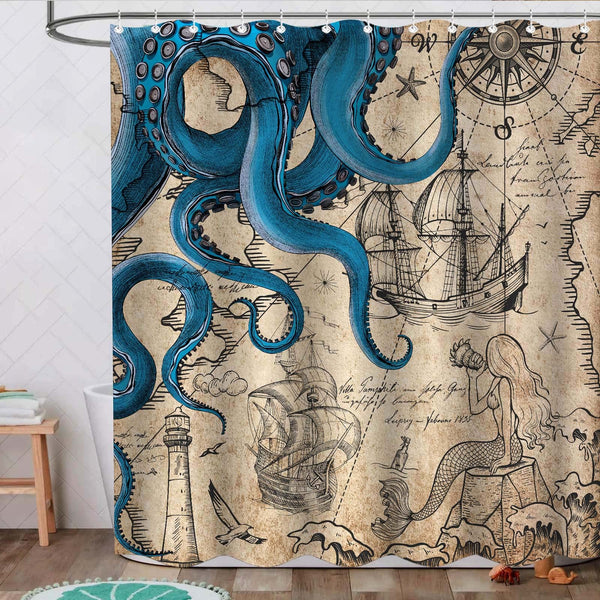 Vintage Nautical Octopus Shower Curtain, Navy Blue Mermaid Funny Ocean Kraken,70.8"