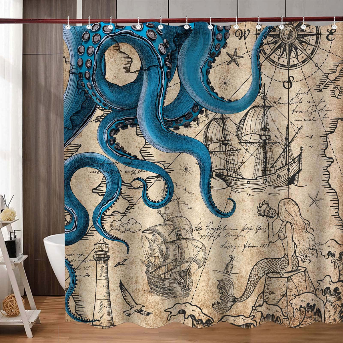 Vintage Nautical Octopus Shower Curtain, Navy Blue Mermaid Funny Ocean Kraken,70.8"