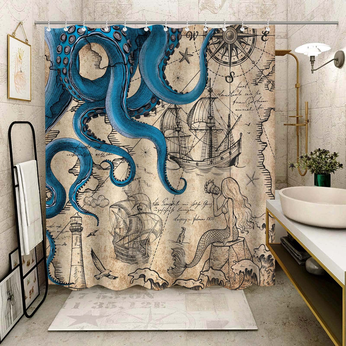 Vintage Nautical Octopus Shower Curtain, Navy Blue Mermaid Funny Ocean Kraken,70.8"