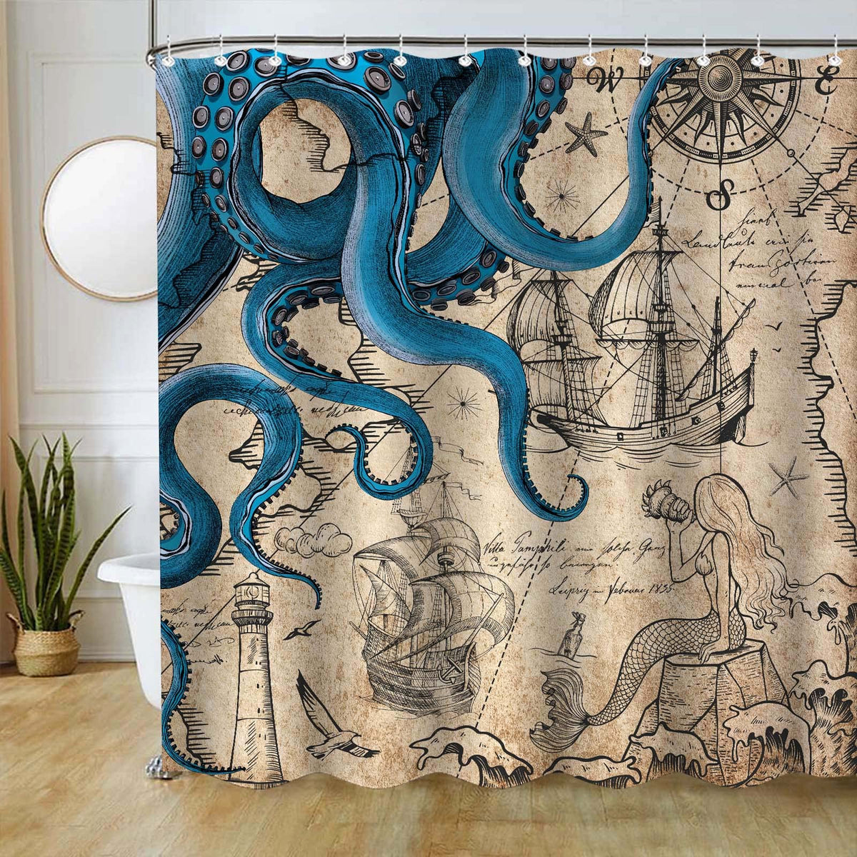 Vintage Nautical Octopus Shower Curtain, Navy Blue Mermaid Funny Ocean Kraken,70.8"