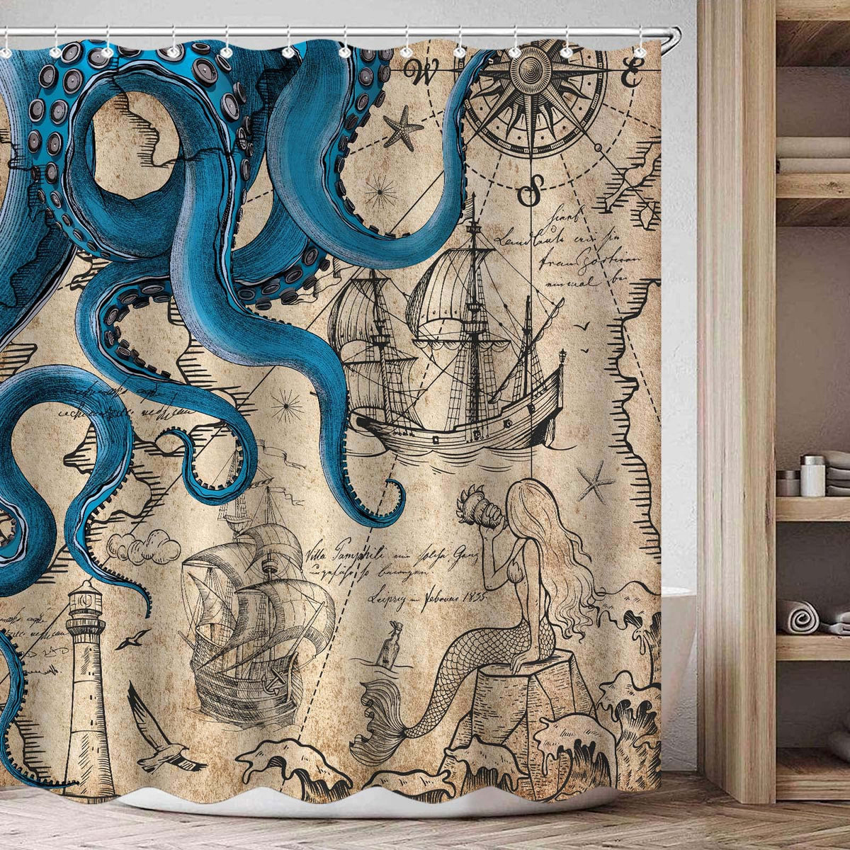 Vintage Nautical Octopus Shower Curtain, Navy Blue Mermaid Funny Ocean Kraken,70.8"