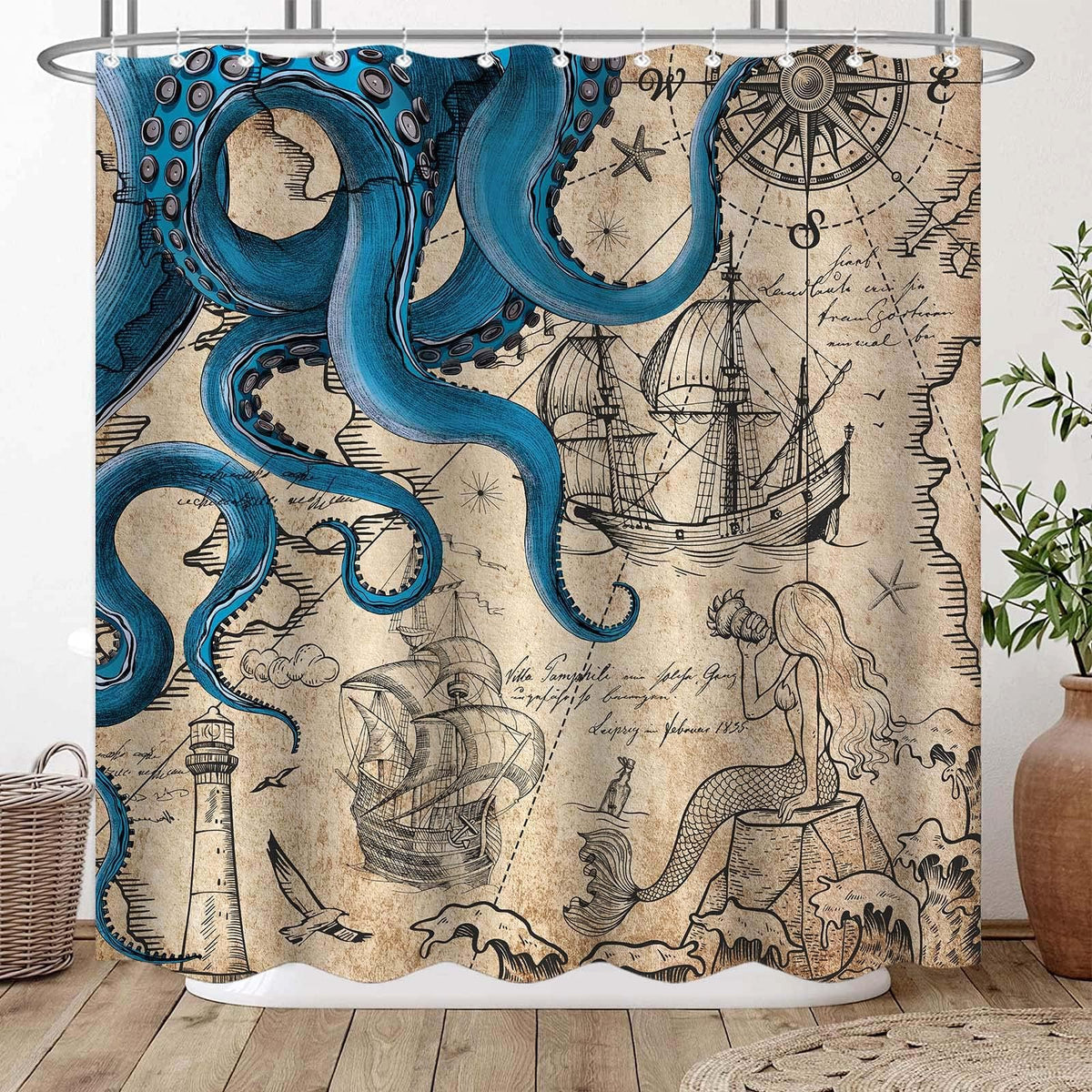 Vintage Nautical Octopus Shower Curtain, Navy Blue Mermaid Funny Ocean Kraken,70.8"