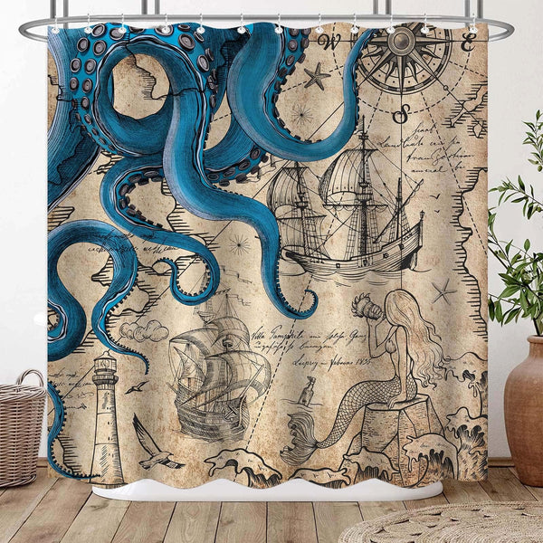 Vintage Nautical Octopus Shower Curtain, Navy Blue Mermaid Funny Ocean Kraken,70.8"